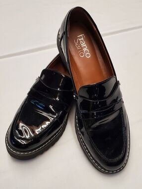 Franco Sarto Black Patent Leather Loafers Lug Sole Chunky Slip On Womens 7.5